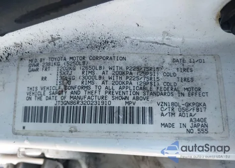 2002 Toyota 4Runner Sr5 V6 z USA, uszkodzony, nr VIN JT3GN86R320231910